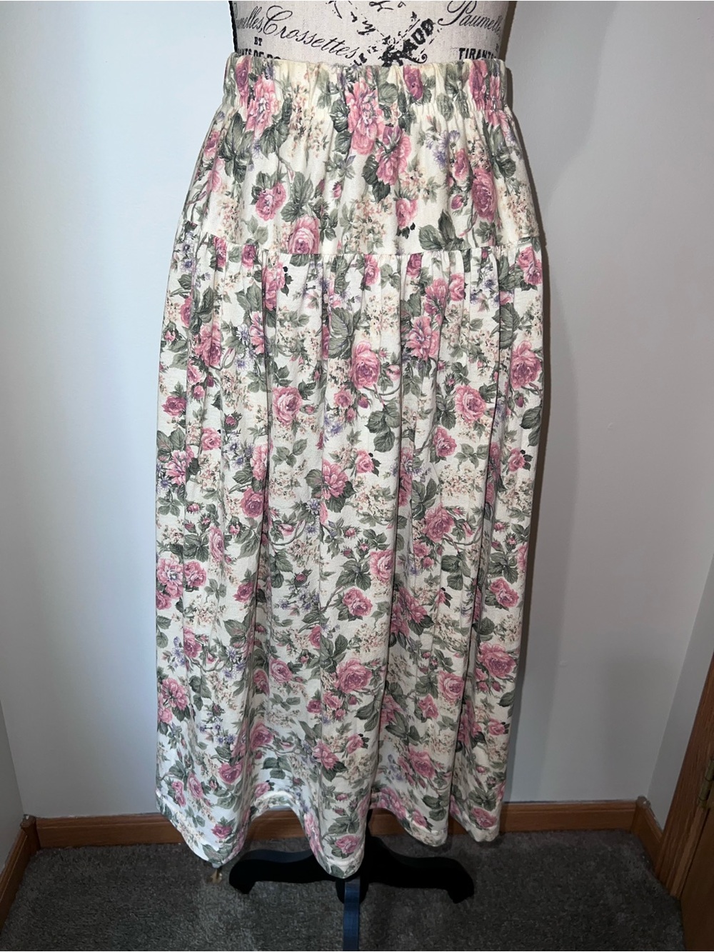 VTG 90s C.A. Transfer Floral Knit Tiered Maxi Skirt Made in USA Cottagecore